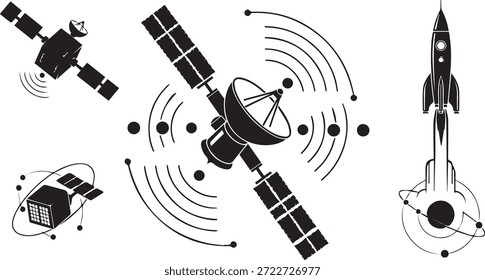 Icons für Raumfahrttechnik mit Satellit und Rakete