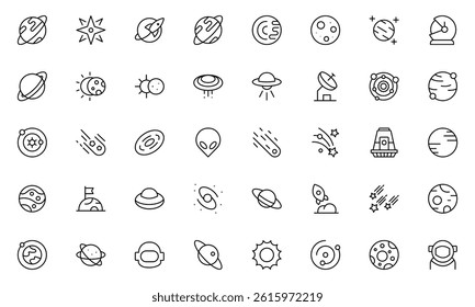Space and Technology line icon set. Containing satellites, the universe, astronauts, rockets, comets, telescopes and planets, and more icons