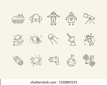 Space technology line icons. Astronaut, blaster, robot. Space technology concept. Vector illustration can be used for topics like space, technologies, universe