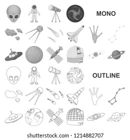 Space technology monochrom icons in set collection for design.Spacecraft and equipment vector symbol stock web illustration.