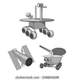 Space technology monochrome icons in set collection for design.Spacecraft and equipment vector symbol stock web illustration.