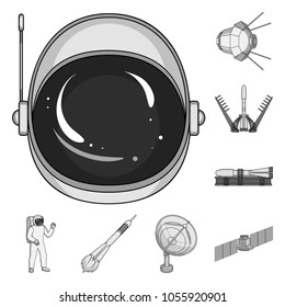 Space technology monochrome icons in set collection for design.Spacecraft and equipment vector symbol stock web illustration.