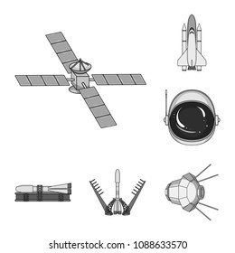 Space technology monochrome icons in set collection for design.Spacecraft and equipment vector symbol stock web illustration.