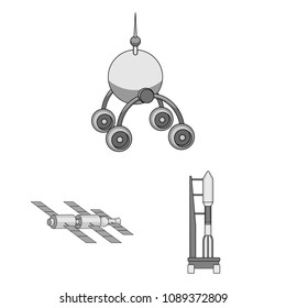 Space technology monochrome icons in set collection for design.Spacecraft and equipment vector symbol stock web illustration.