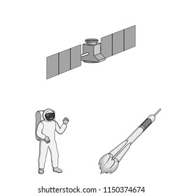 Space technology monochrome icons in set collection for design.Spacecraft and equipment vector symbol stock web illustration.