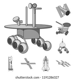 Space technology monochrome icons in set collection for design.Spacecraft and equipment vector symbol stock web illustration.