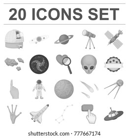 Space technology monochrome icons in set collection for design.Spacecraft and equipment vector symbol stock web illustration.