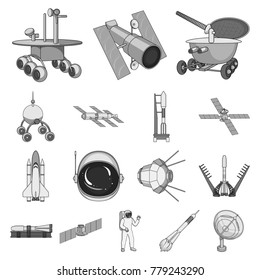 Space technology monochrome icons in set collection for design.Spacecraft and equipment vector symbol stock web illustration.