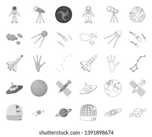 Space technology mono,outline icons in set collection for design.Spacecraft and equipment vector symbol stock web illustration.