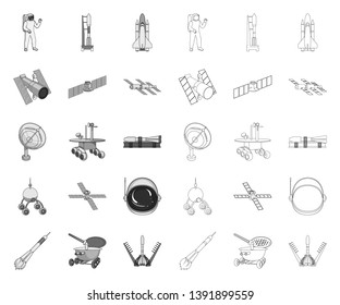 Space technology mono,outline icons in set collection for design.Spacecraft and equipment vector symbol stock web illustration.