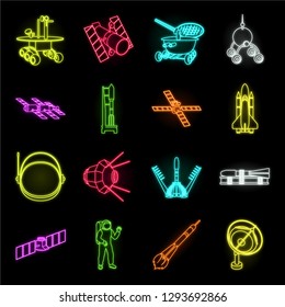 Space technology neon icons in set collection for design.Spacecraft and equipment vector symbol stock web illustration.