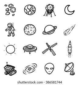 space technology objects or icons set/ cartoon vector and illustration, hand drawn style, black and white, isolated on white background.