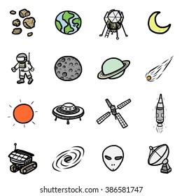 space technology objects or icons set/ cartoon vector and illustration, hand drawn style, isolated on white background.