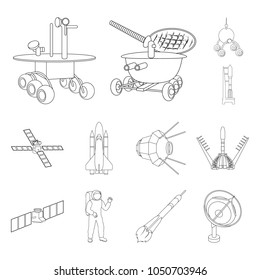 Space technology outline icons in set collection for design.Spacecraft and equipment vector symbol stock web illustration.