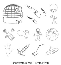 Space technology outline icons in set collection for design.Spacecraft and equipment vector symbol stock web illustration.