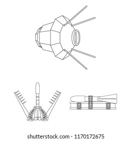 Space technology outline icons in set collection for design.Spacecraft and equipment vector symbol stock web illustration.
