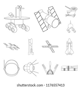 Space technology outline icons in set collection for design.Spacecraft and equipment vector symbol stock web illustration.