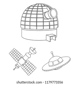 Space technology outline icons in set collection for design.Spacecraft and equipment vector symbol stock web illustration.