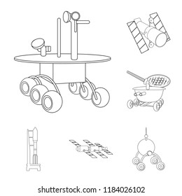Space technology outline icons in set collection for design.Spacecraft and equipment vector symbol stock web illustration.