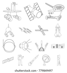 Space technology outline icons in set collection for design.Spacecraft and equipment vector symbol stock web illustration.