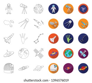 Space technology outline,flat icons in set collection  design.Spacecraft and equipment vector symbol stock web illustration.