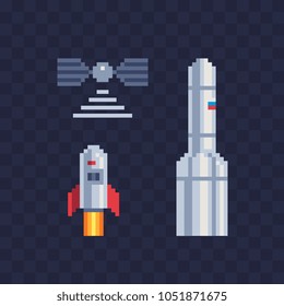 Space technology pixel art icons set, rocket space ship take off, simple retro spaceship, satellite, isolated vector illustration. Design for logo, sticker and mobile app. Game assets 8-bit sprite.