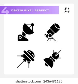 Space technology pixel perfect black glyph icons set on white space. Data collection. Scientific research. Rocket science. Silhouette symbols. Solid pictogram pack. Vector isolated illustration