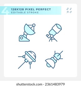 Space technology pixel perfect light blue icons. Data collection. Scientific research. Rocket science. RGB color. Website icons set. Simple design element. Contour drawing. Line illustration