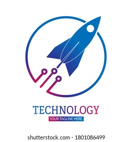 Tecnología espacial. El cohete se rompe del círculo. Ilustración vectorial para un logotipo, pegatina o emblema aislados en un fondo blanco
