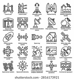 Space Technology, Rocket Launch, Satellite, and Spaceport Line Icon Set