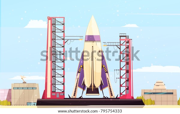 Space technology rocket satellites flat\
composition of space port scenery with firing pad equipment and\
buildings vector\
illustration