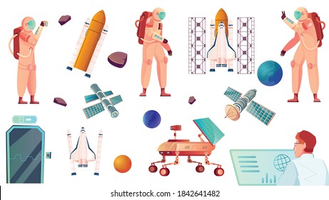 Space technology set with flat icons of satellites and rockets with mission control and astronauts characters vector illustration