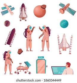 Space technology set of flat icons and isolated images of spacecrafts vehicles satellites and astronaut characters vector illustration