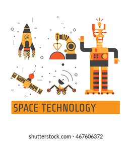 Space technology set.  Icons for robotics.  Technology and artificial intelligent robot. Can be used for Web Project and Applications. Vector Illustration.
Robot flat style.