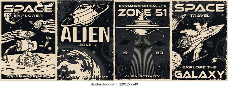 Space technology set monochrome vintage posters robot exploring surface moon and UFO flying in universe next to planets vector illustration