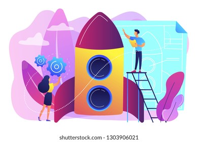 Space technology specialist and engineer constructing rocket, tiny people. Space technology, aerospace industry, space exploration process concept. Bright vibrant violet vector isolated illustration