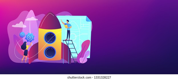 Space technology specialist and engineer constructing rocket, tiny people. Space technology, aerospace industry, space exploration process concept. Header or footer banner template with copy space.