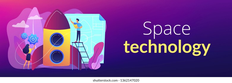 Space technology specialist and engineer constructing rocket, tiny people. Space technology, aerospace industry, space exploration process concept. Header or footer banner template with copy space.