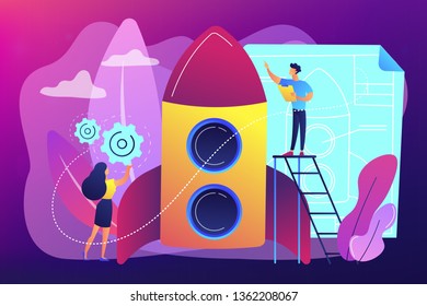 Space technology specialist and engineer constructing rocket, tiny people. Space technology, aerospace industry, space exploration process concept. Bright vibrant violet vector isolated illustration