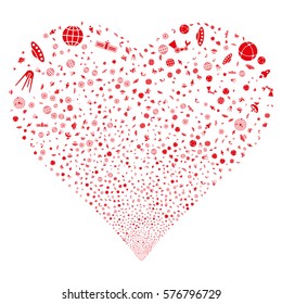 Space Technology Symbols fireworks with heart shape. Vector illustration style is flat red iconic symbols on a white background. Object stream organized from scattered design elements.