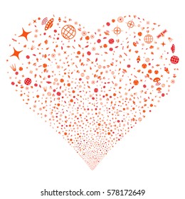 Space Technology Symbols fireworks with heart shape. Vector illustration style is flat intensive red and orange iconic symbols on a white background. Object love heart done from confetti pictographs.