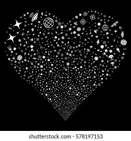 Space Technology Symbols fireworks with heart shape. Vector illustration style is flat white iconic symbols on a black background. Object love heart made from random pictograms.