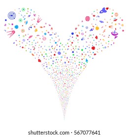 Space Technology Symbols fireworks stream. Vector illustration style is flat bright multicolored iconic symbols on a white background. Object double fountain constructed from random pictograms.