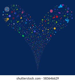 Space Technology Symbols fireworks stream. Vector illustration style is flat bright multicolored iconic symbols on a blue background. Object double fountain made from random pictograms.