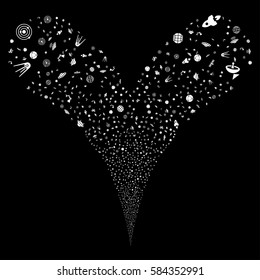 Space Technology Symbols fireworks stream. Vector illustration style is flat white iconic symbols on a black background. Object double fountain combined from random pictograms.