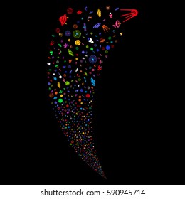 Space Technology Symbols random fireworks stream. Vector illustration style is flat bright multicolored iconic symbols on a black background. Object fountain combined from scattered pictographs.