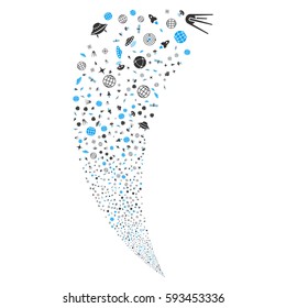 Space Technology Symbols random fireworks stream. Vector illustration style is flat blue and gray iconic symbols on a white background. Object fountain created from scattered design elements.