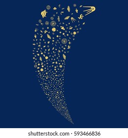 Space Technology Symbols random fireworks stream. Vector illustration style is flat yellow iconic symbols on a blue background. Object fountain made from scattered pictographs.