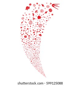 Space Technology Symbols random fireworks stream. Vector illustration style is flat red iconic symbols on a white background. Object fountain made from scattered icons.