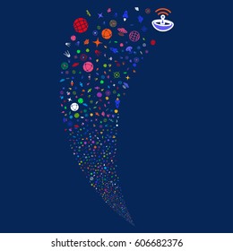 Space Technology Symbols random fireworks stream. Vector illustration style is flat bright multicolored iconic symbols on a blue background. Object fountain combined from scattered pictographs.